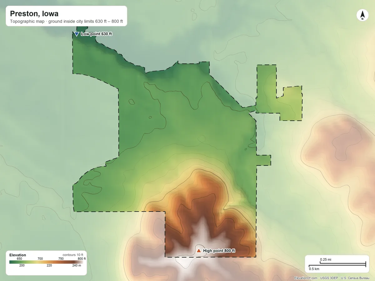 Topographic elevation map of Preston, Iowa, shaded from 630 ft on the northwest side to 800 ft on the south side