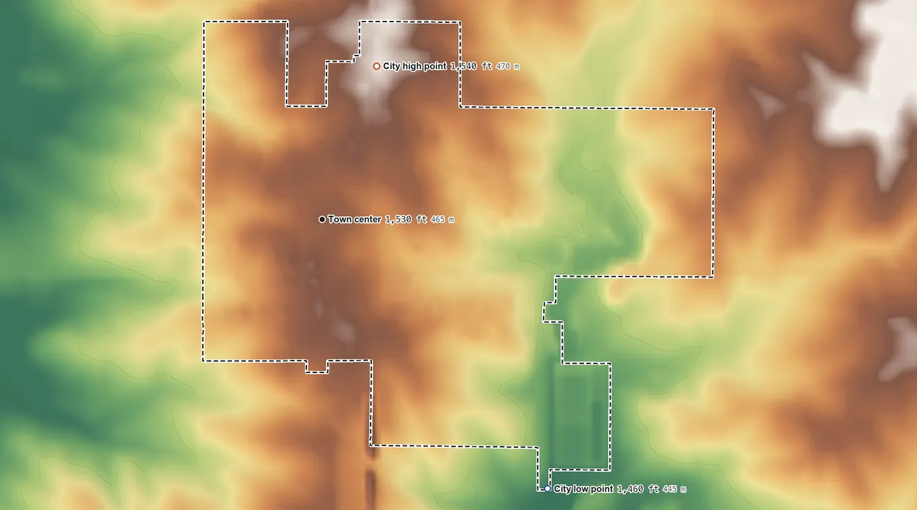 Topographic elevation map of Primghar, Iowa, shaded from 1,460 ft on the southeast side to 1,540 ft on the north side