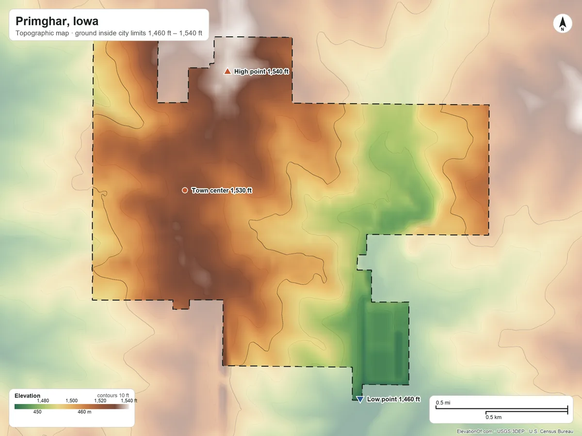 Topographic elevation map of Primghar, Iowa, shaded from 1,460 ft on the southeast side to 1,540 ft on the north side