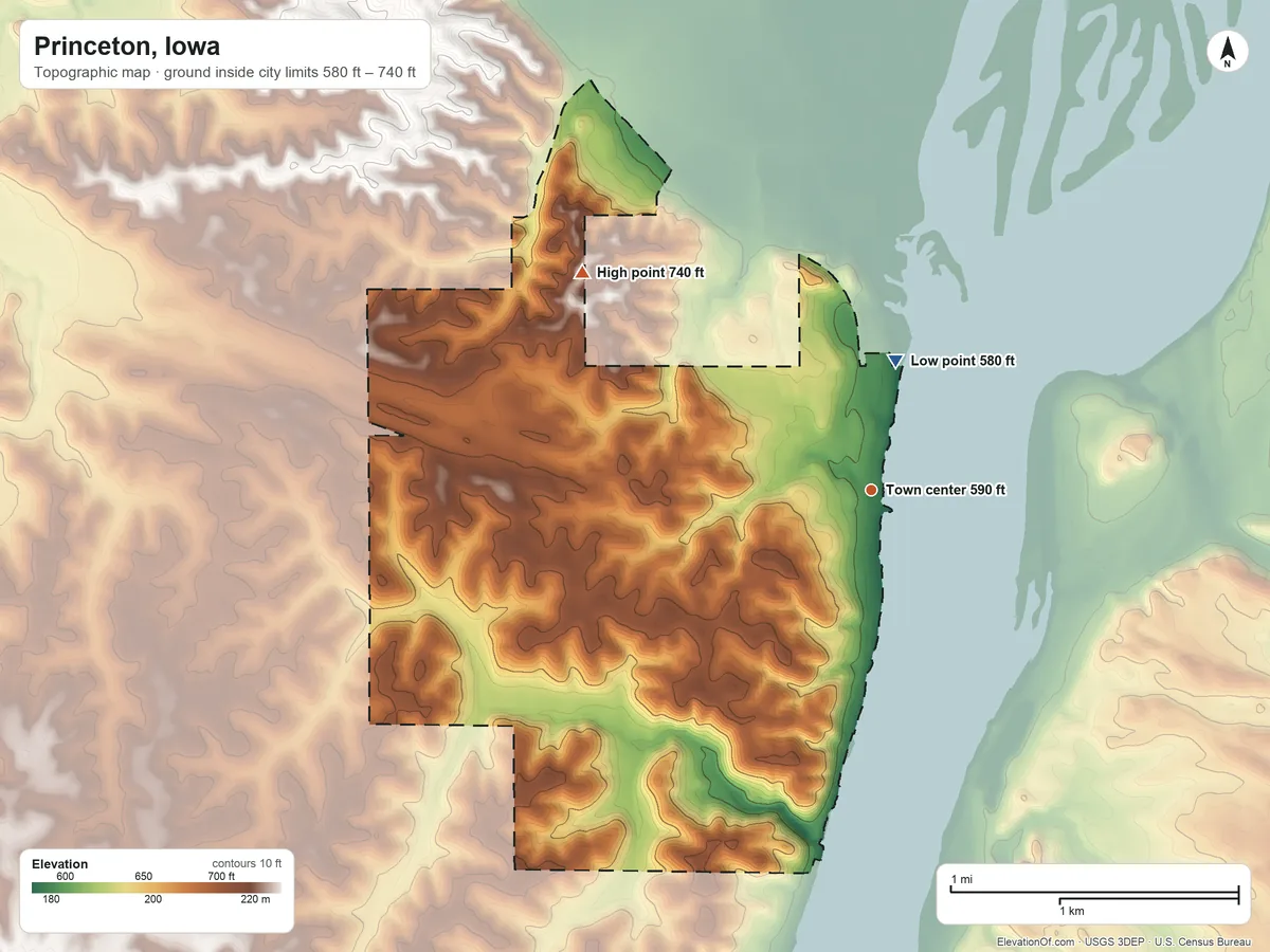 Topographic elevation map of Princeton, Iowa, shaded from 580 ft on the north side to 740 ft on the northwest side