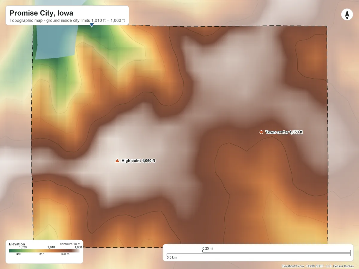 Topographic elevation map of Promise City, Iowa, shaded from 1,010 ft on the northwest side to 1,060 ft on the west side