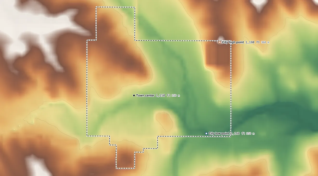 Topographic elevation map of Protivin, Iowa, shaded from 1,140 ft on the southeast side to 1,190 ft on the northeast side