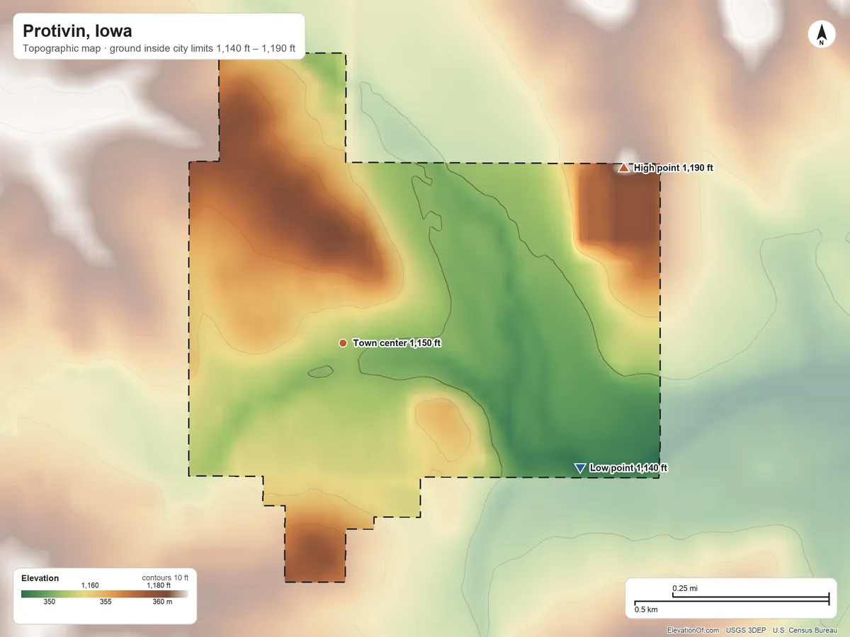Topographic elevation map of Protivin, Iowa, shaded from 1,140 ft on the southeast side to 1,190 ft on the northeast side