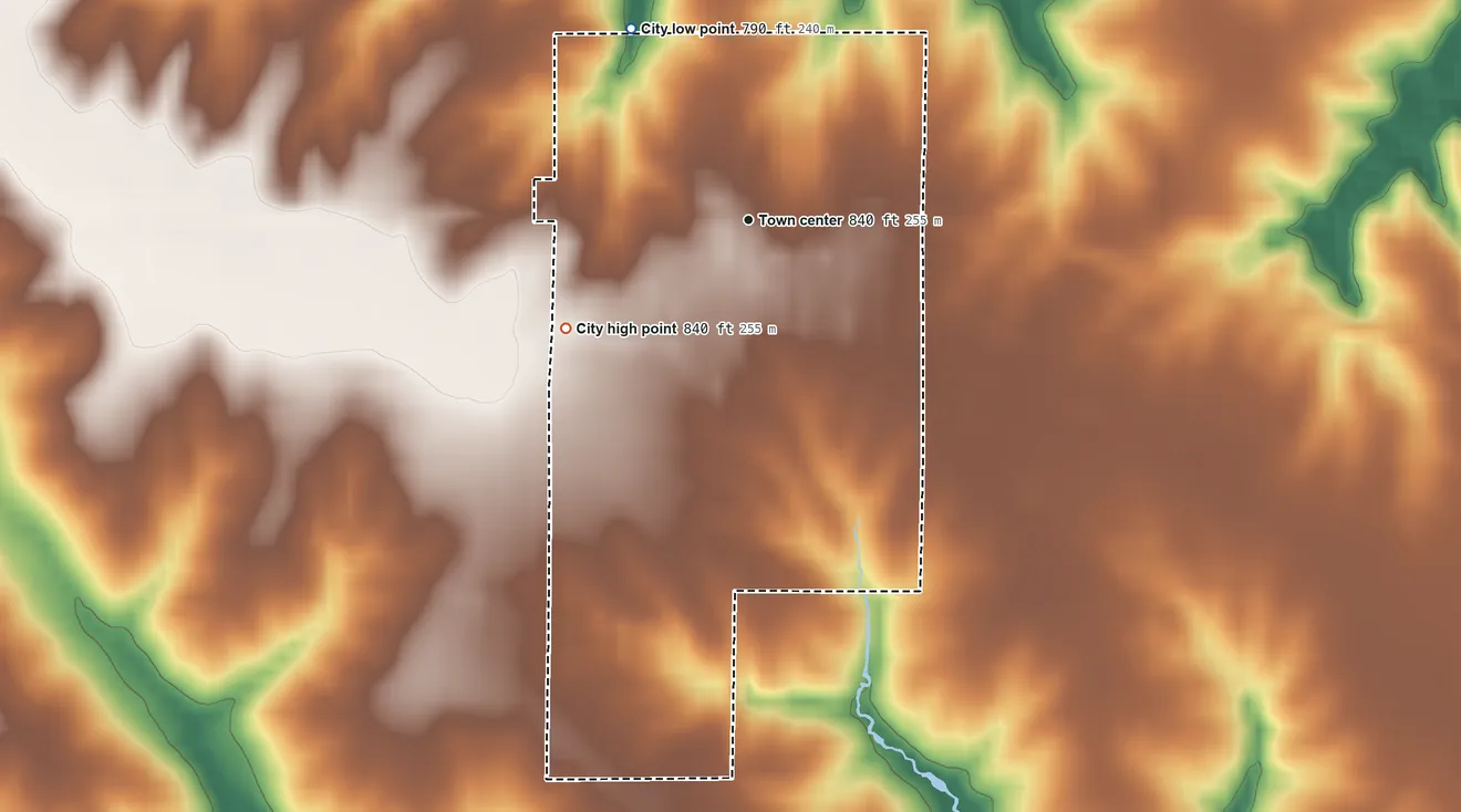 Topographic elevation map of Pulaski, Iowa, shaded from 790 ft on the northwest side to 840 ft on the southwest side