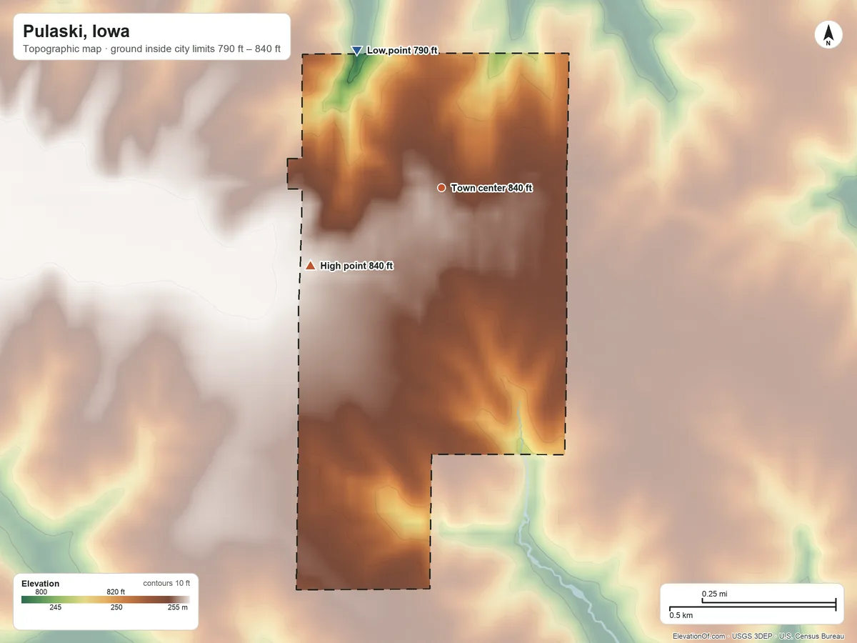 Topographic elevation map of Pulaski, Iowa, shaded from 790 ft on the northwest side to 840 ft on the southwest side