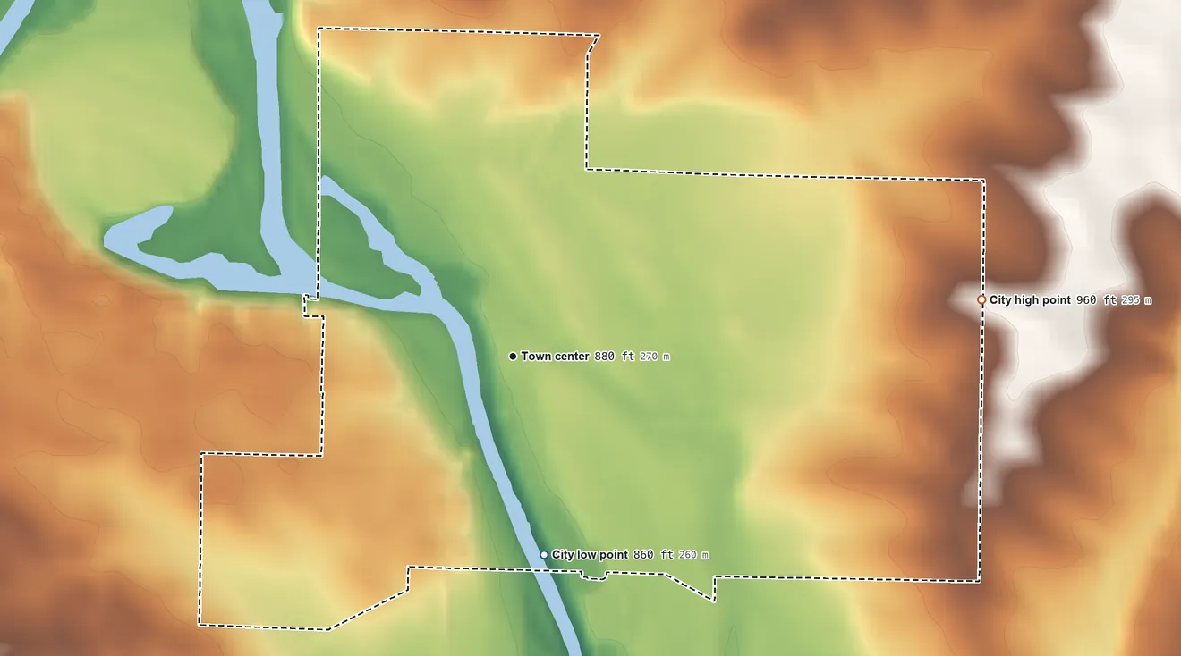 Topographic elevation map of Quasqueton, Iowa, shaded from 860 ft on the south side to 960 ft on the east side