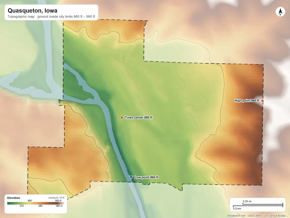 Topographic elevation map of Quasqueton, Iowa, shaded from 860 ft on the south side to 960 ft on the east side