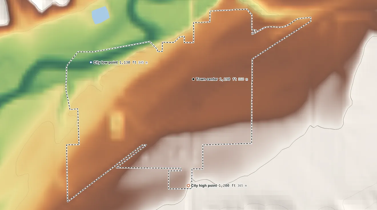 Topographic elevation map of Quimby, Iowa, shaded from 1,130 ft on the west side to 1,200 ft on the south side