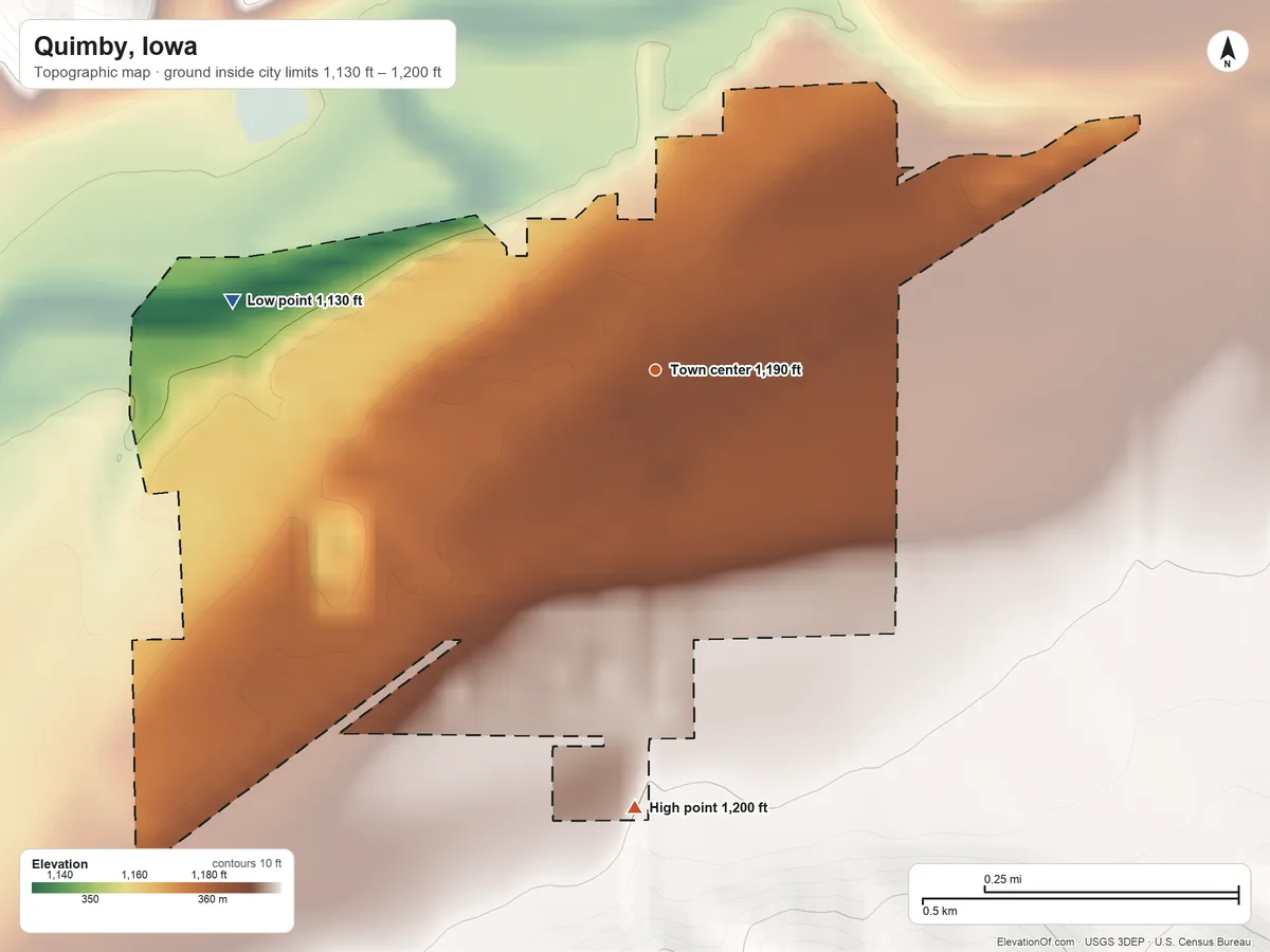 Topographic elevation map of Quimby, Iowa, shaded from 1,130 ft on the west side to 1,200 ft on the south side