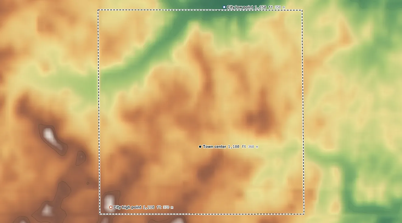 Topographic elevation map of Radcliffe, Iowa, shaded from 1,150 ft on the north side to 1,210 ft on the southwest side