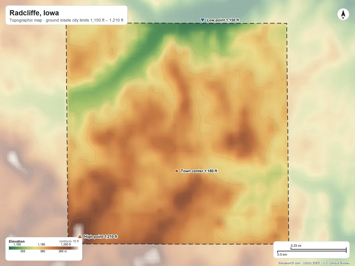 Topographic elevation map of Radcliffe, Iowa, shaded from 1,150 ft on the north side to 1,210 ft on the southwest side