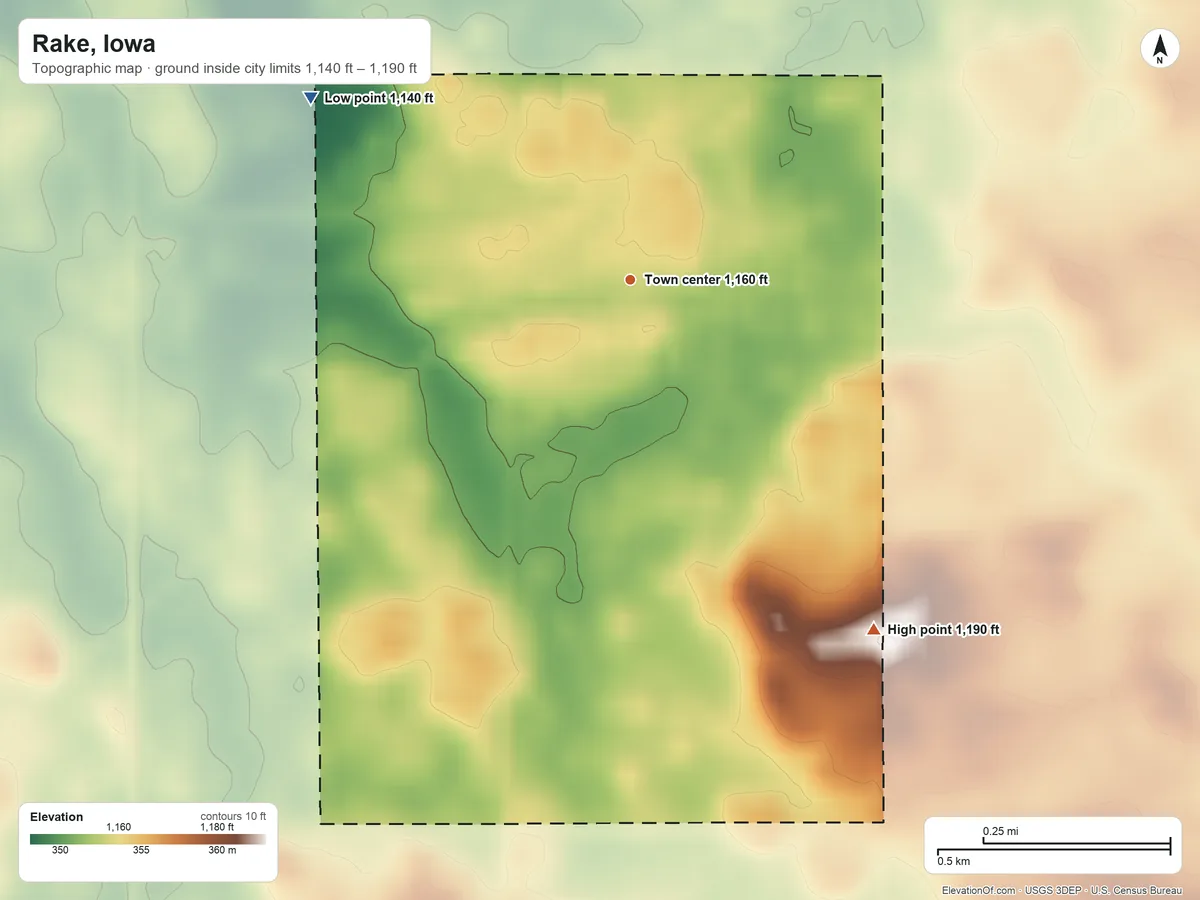 Topographic elevation map of Rake, Iowa, shaded from 1,140 ft on the northwest side to 1,190 ft on the southeast side