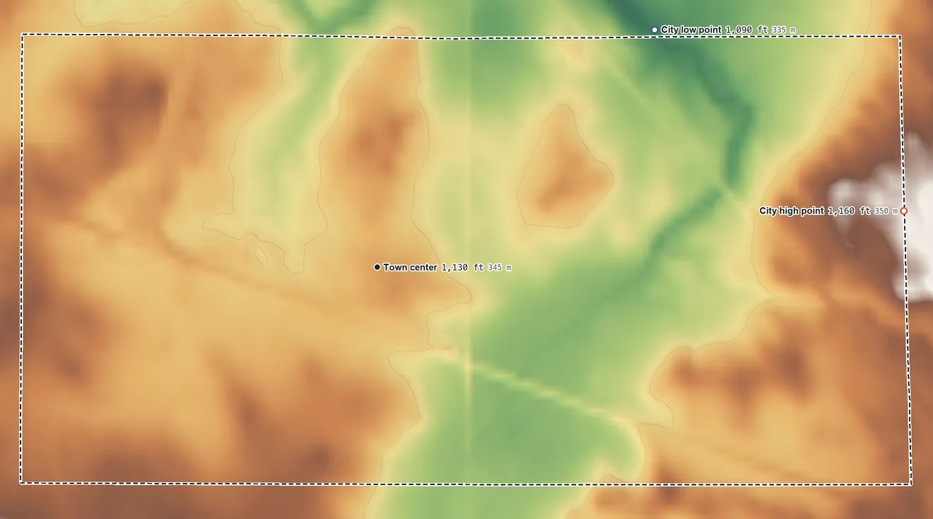 Topographic elevation map of Ralston, Iowa, shaded from 1,090 ft on the northeast side to 1,160 ft on the east side