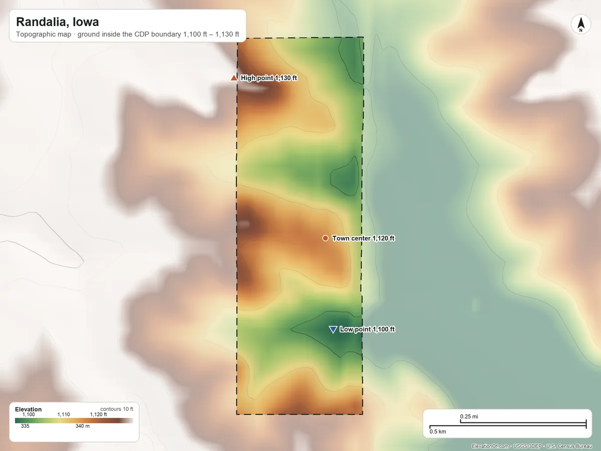 Topographic elevation map of Randalia, Iowa, shaded from 1,100 ft on the south side to 1,130 ft on the northwest side
