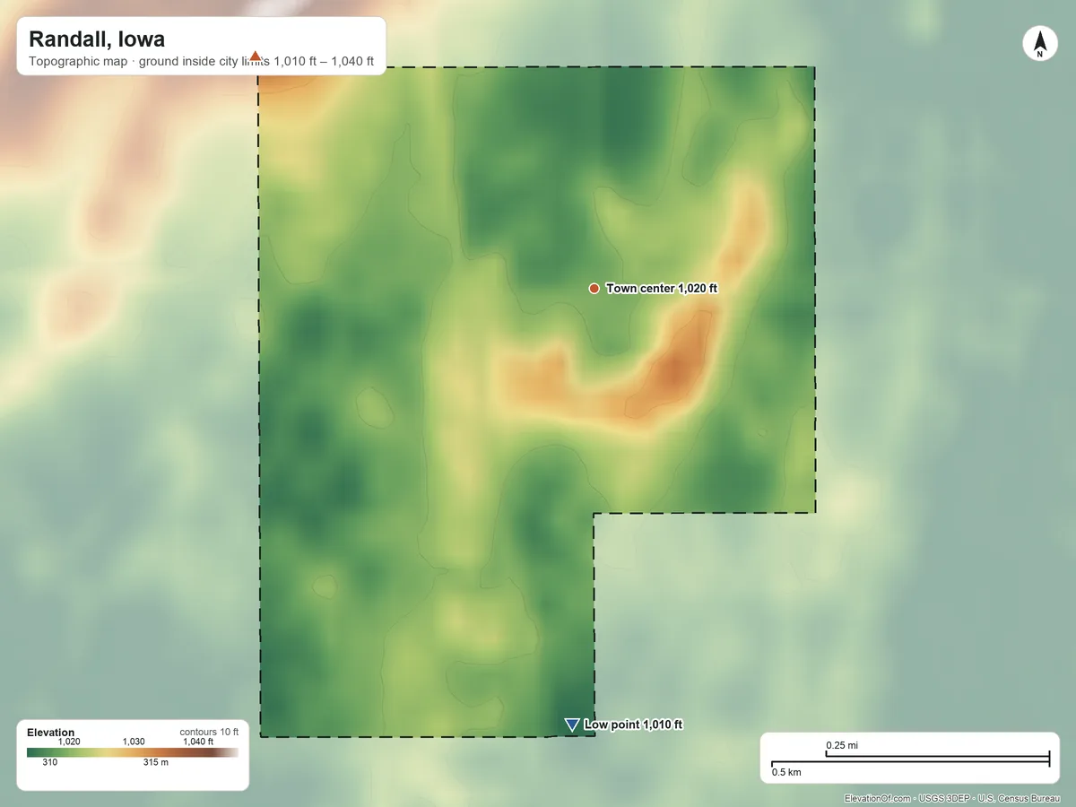 Topographic elevation map of Randall, Iowa, shaded from 1,010 ft on the south side to 1,040 ft on the northwest side
