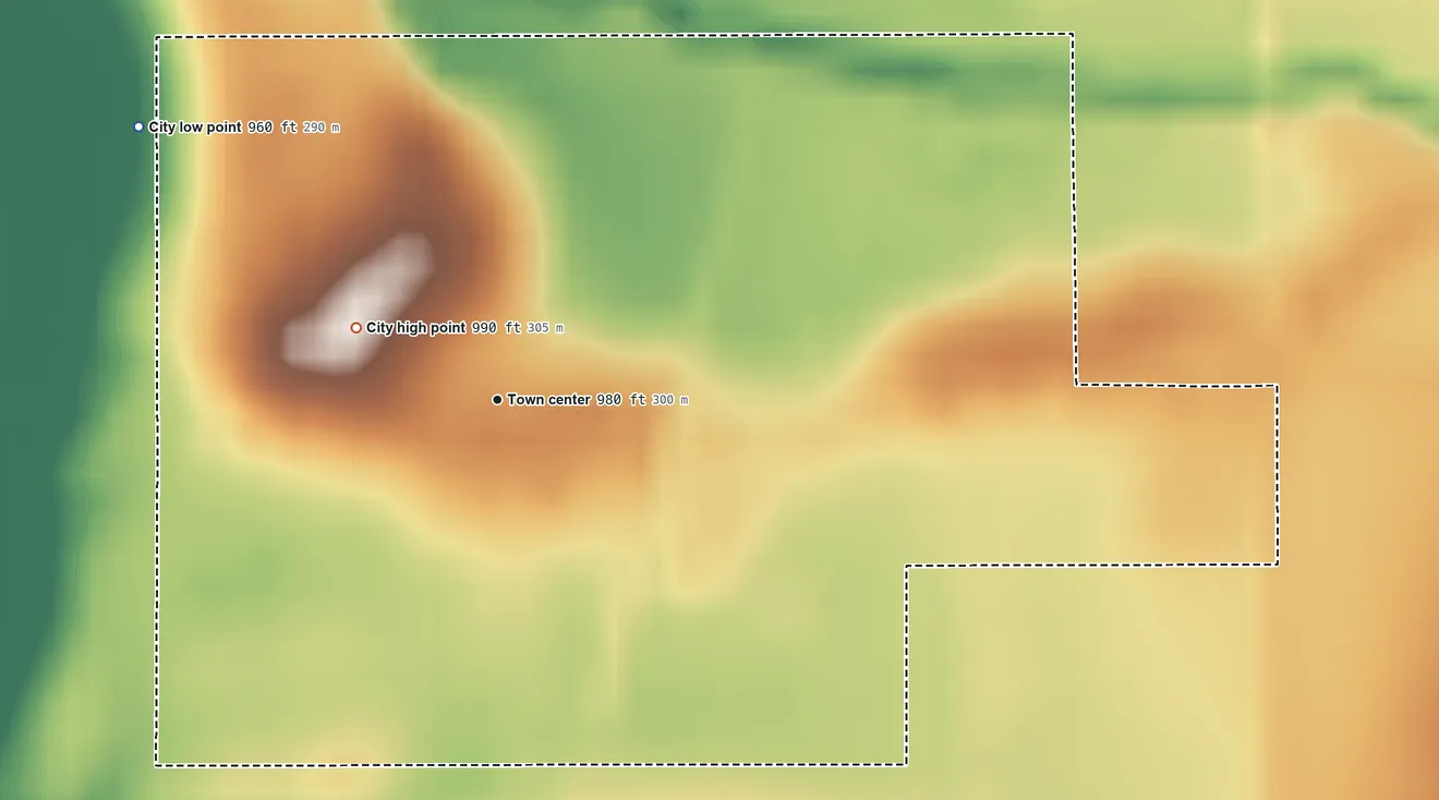 Topographic elevation map of Randolph, Iowa, shaded from 960 ft on the northwest side to 990 ft on the northwest side