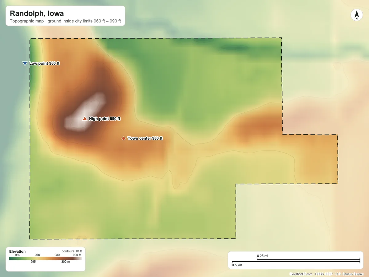 Topographic elevation map of Randolph, Iowa, shaded from 960 ft on the northwest side to 990 ft on the northwest side