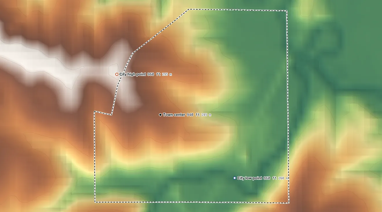 Topographic elevation map of Rathbun, Iowa, shaded from 860 ft on the southeast side to 960 ft on the northwest side