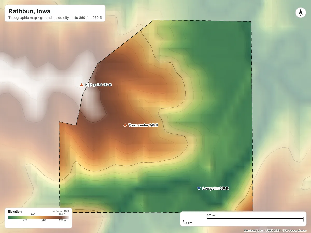 Topographic elevation map of Rathbun, Iowa, shaded from 860 ft on the southeast side to 960 ft on the northwest side