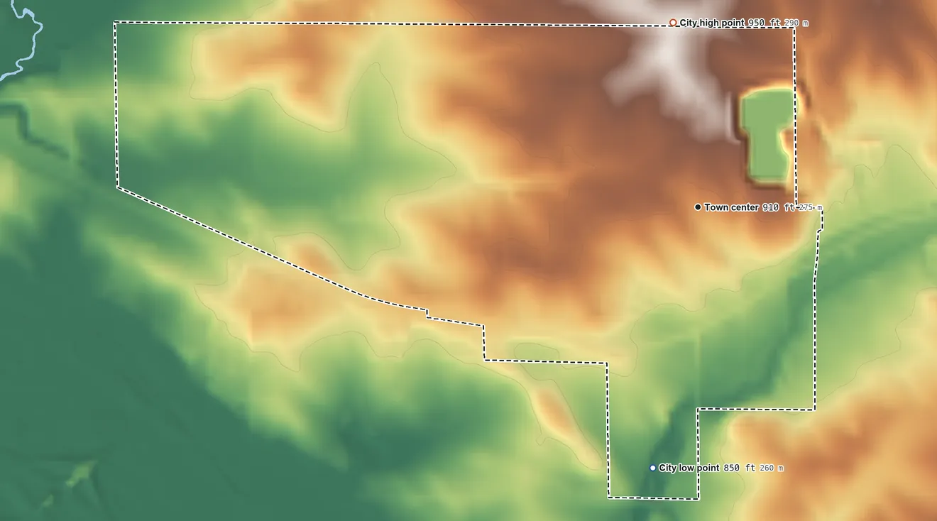 Topographic elevation map of Raymond, Iowa, shaded from 850 ft on the south side to 950 ft on the north side