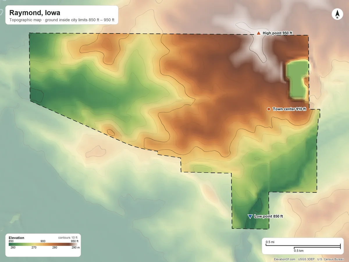 Topographic elevation map of Raymond, Iowa, shaded from 850 ft on the south side to 950 ft on the north side