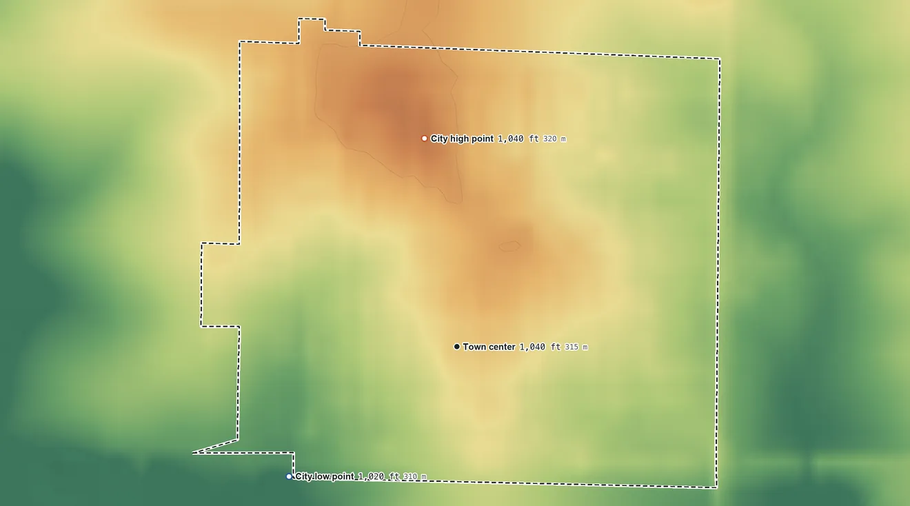 Topographic elevation map of Readlyn, Iowa, shaded from 1,020 ft on the southwest side to 1,040 ft on the north side