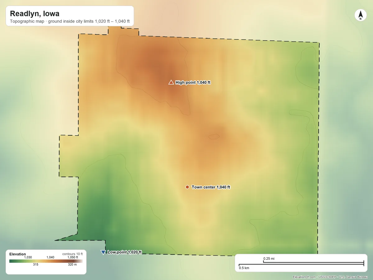 Topographic elevation map of Readlyn, Iowa, shaded from 1,020 ft on the southwest side to 1,040 ft on the north side