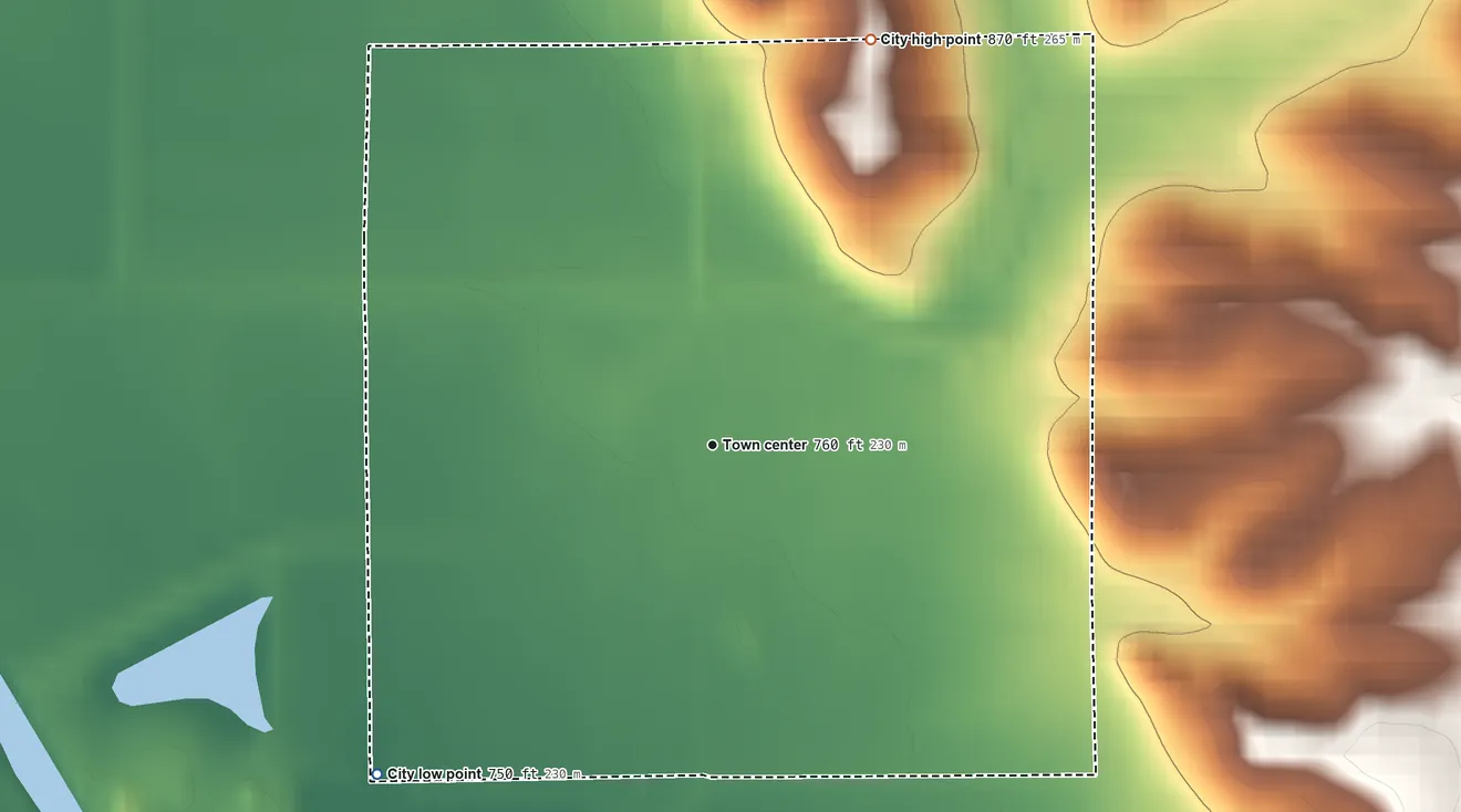 Topographic elevation map of Reasnor, Iowa, shaded from 750 ft on the southwest side to 870 ft on the north side