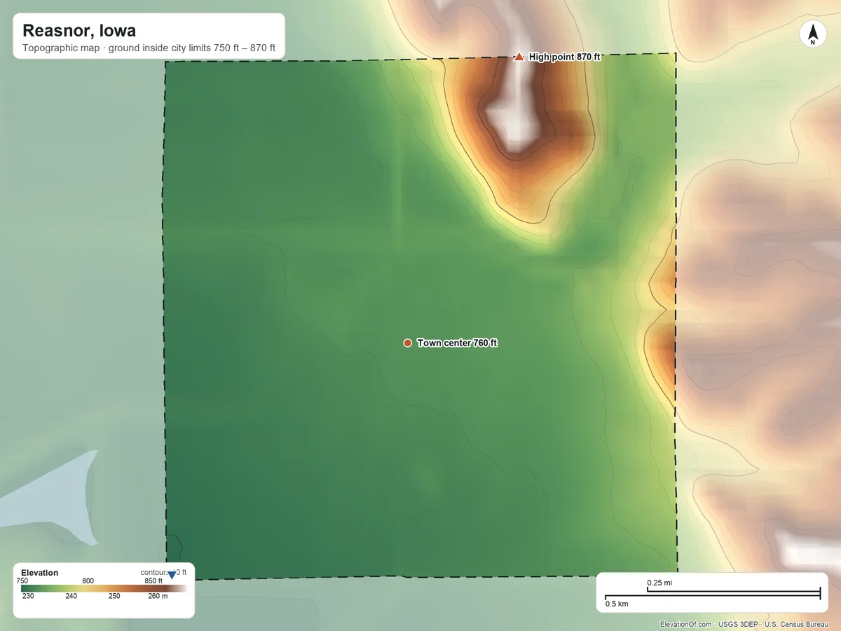 Topographic elevation map of Reasnor, Iowa, shaded from 750 ft on the southwest side to 870 ft on the north side