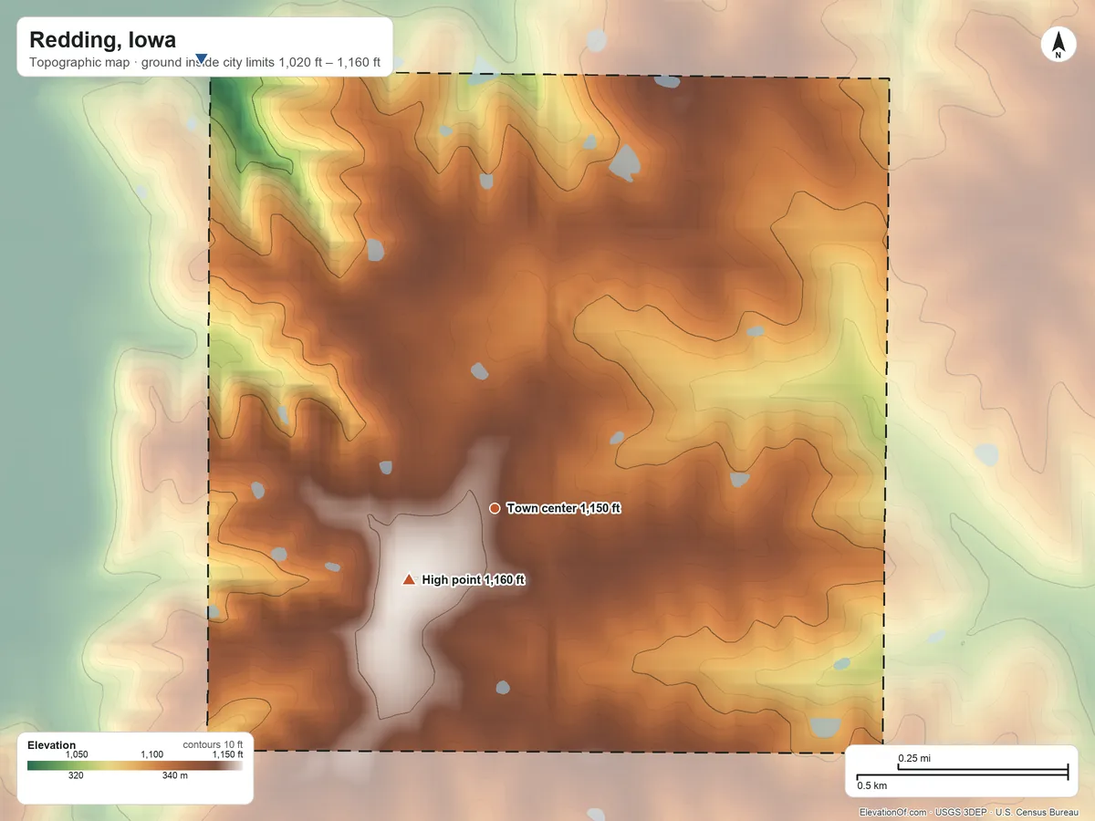 Topographic elevation map of Redding, Iowa, shaded from 1,020 ft on the northwest side to 1,160 ft on the southwest side