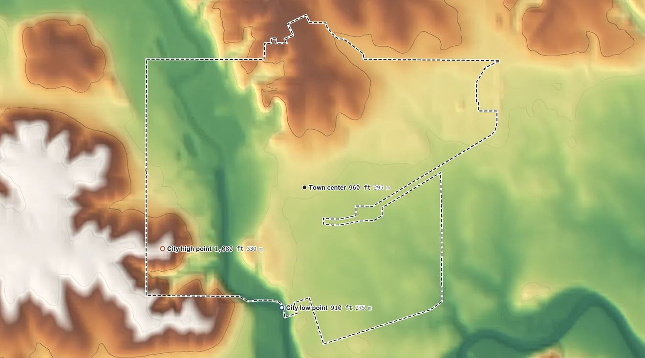 Topographic elevation map of Redfield, Iowa, shaded from 910 ft on the south side to 1,080 ft on the southwest side