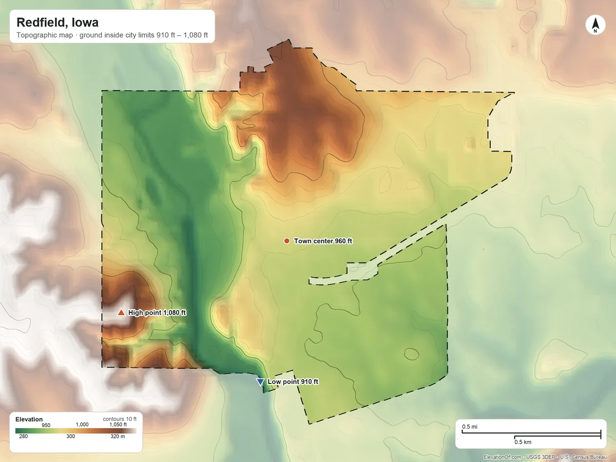 Topographic elevation map of Redfield, Iowa, shaded from 910 ft on the south side to 1,080 ft on the southwest side