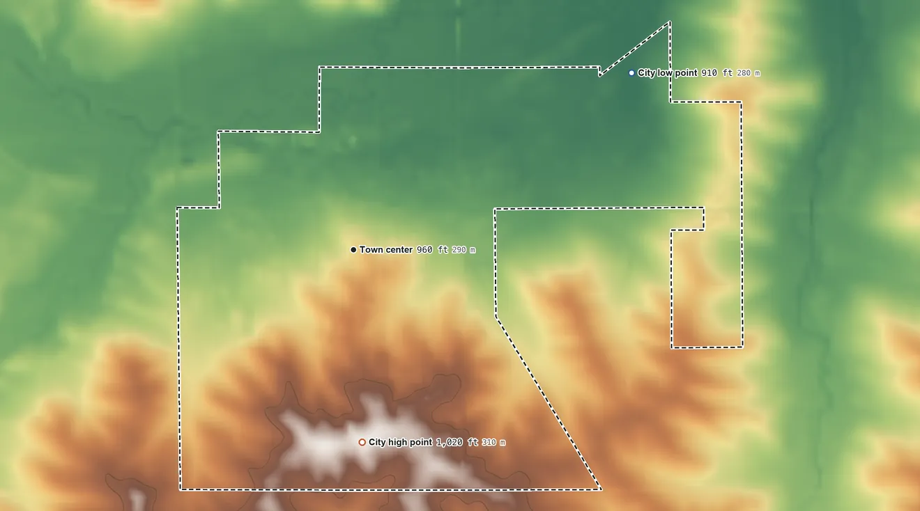 Topographic elevation map of Reinbeck, Iowa, shaded from 910 ft on the northeast side to 1,020 ft on the south side