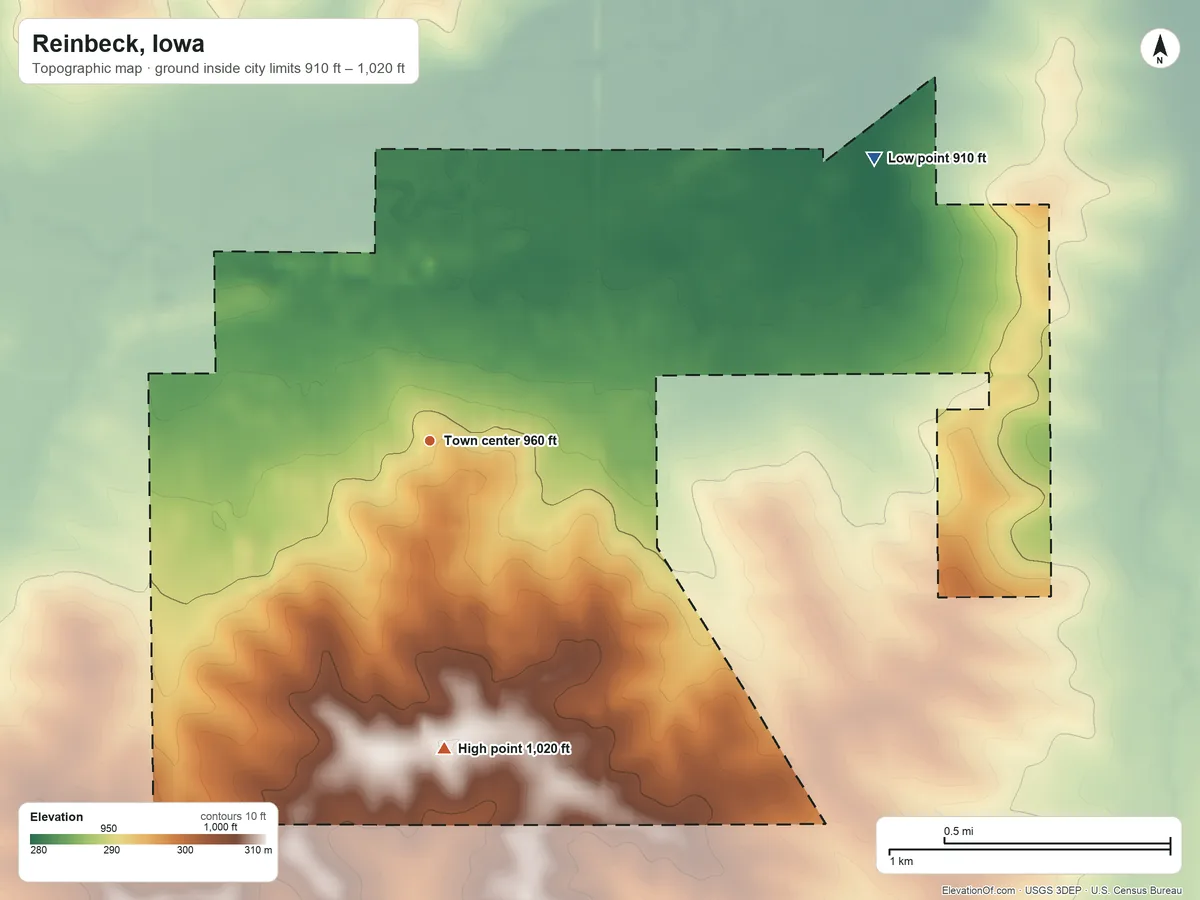 Topographic elevation map of Reinbeck, Iowa, shaded from 910 ft on the northeast side to 1,020 ft on the south side