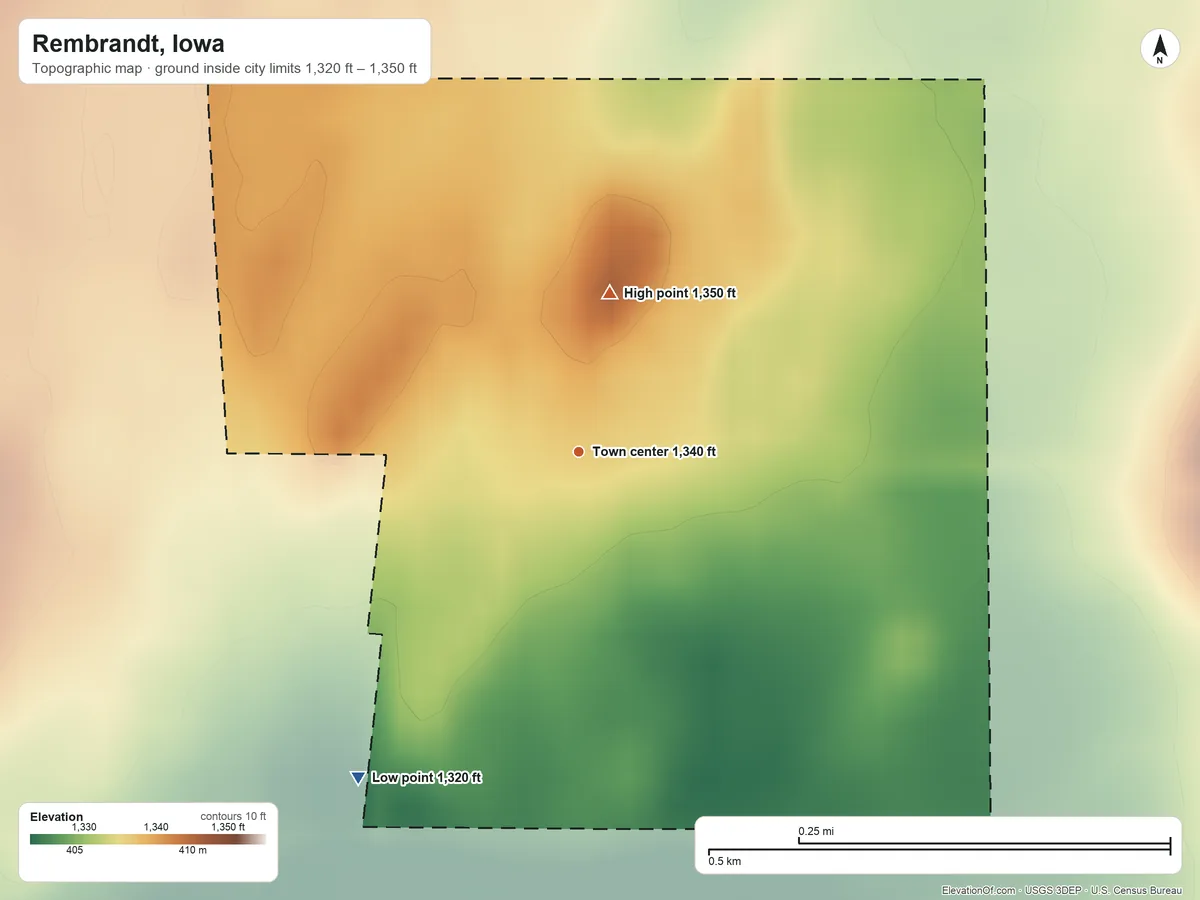 Topographic elevation map of Rembrandt, Iowa, shaded from 1,320 ft on the southwest side to 1,350 ft on the north side