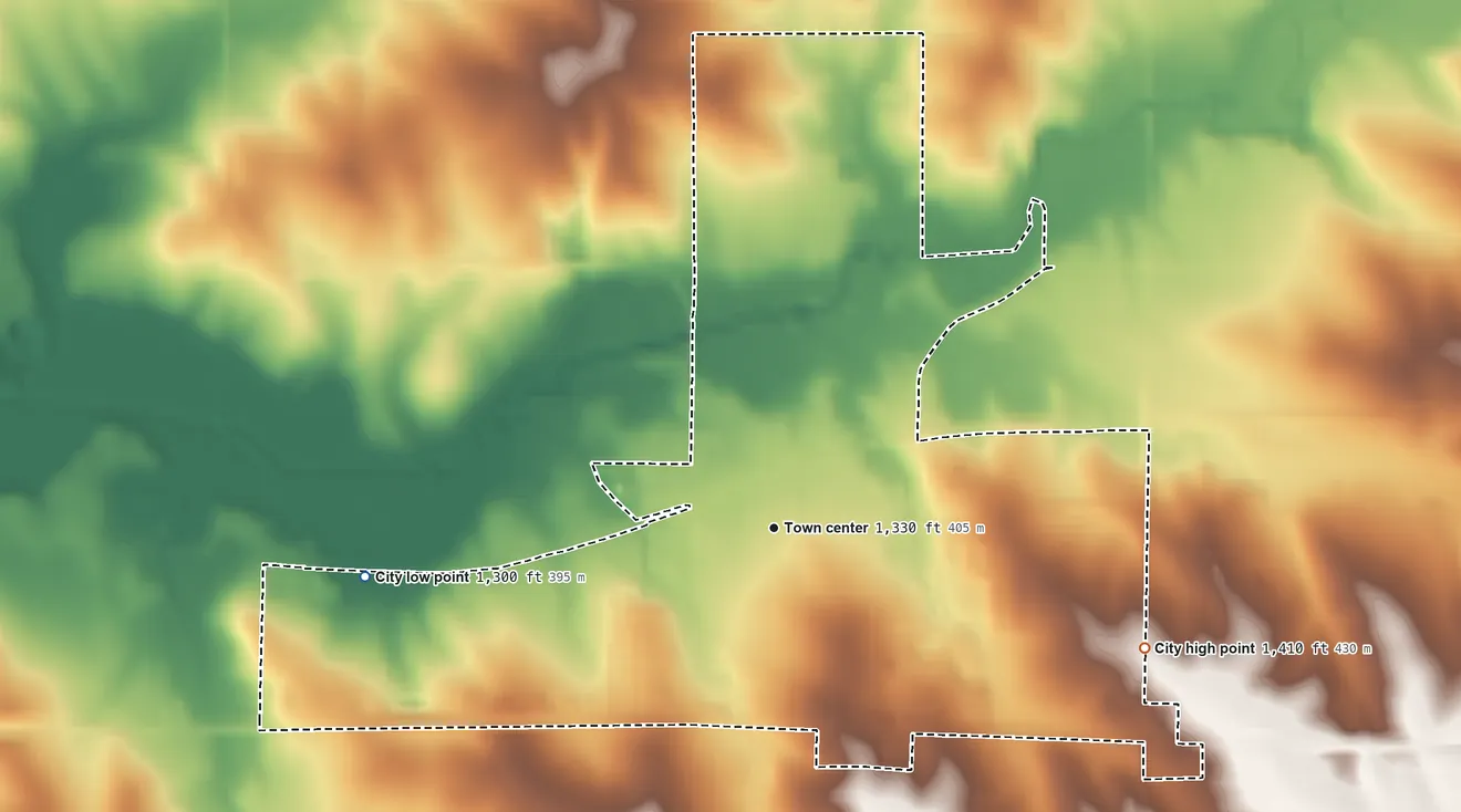 Topographic elevation map of Remsen, Iowa, shaded from 1,300 ft on the west side to 1,410 ft on the east side