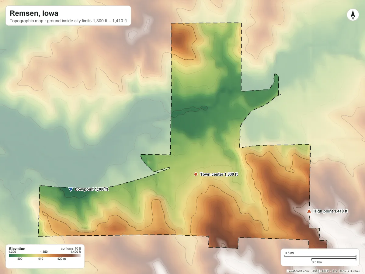 Topographic elevation map of Remsen, Iowa, shaded from 1,300 ft on the west side to 1,410 ft on the east side