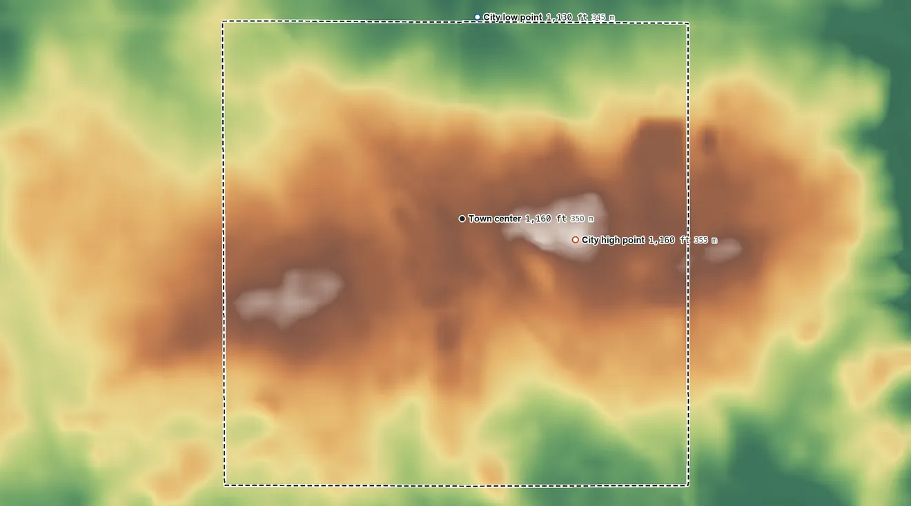 Topographic elevation map of Renwick, Iowa, shaded from 1,130 ft on the north side to 1,160 ft on the east side