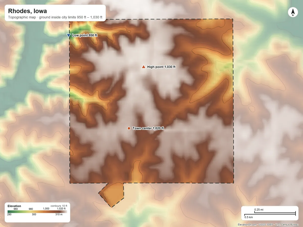 Topographic elevation map of Rhodes, Iowa, shaded from 950 ft on the northwest side to 1,030 ft on the north side