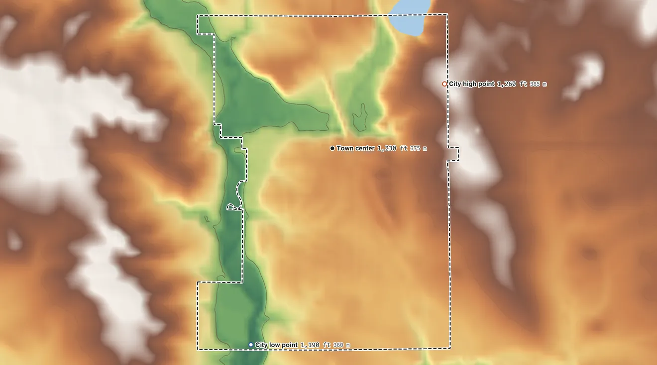 Topographic elevation map of Riceville, Iowa, shaded from 1,190 ft on the south side to 1,260 ft on the northeast side