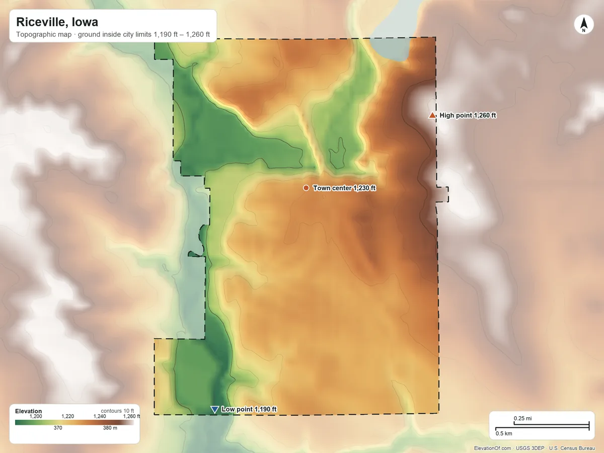 Topographic elevation map of Riceville, Iowa, shaded from 1,190 ft on the south side to 1,260 ft on the northeast side