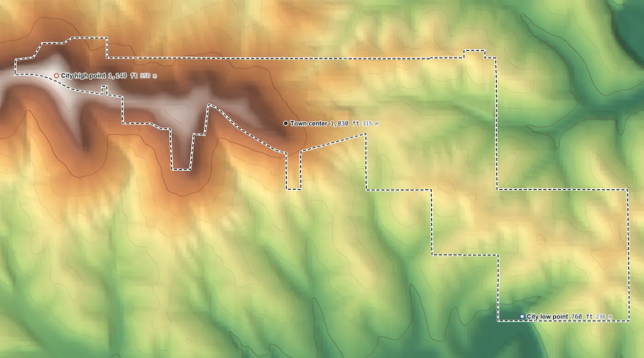 Topographic elevation map of Rickardsville, Iowa, shaded from 760 ft on the southeast side to 1,140 ft on the west side