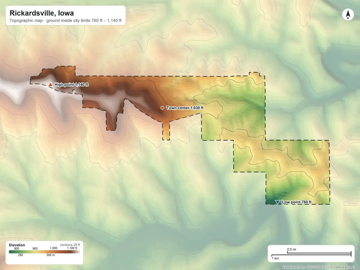 Topographic elevation map of Rickardsville, Iowa, shaded from 760 ft on the southeast side to 1,140 ft on the west side