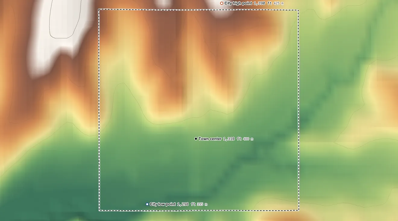 Topographic elevation map of Ricketts, Iowa, shaded from 1,290 ft on the southwest side to 1,390 ft on the north side