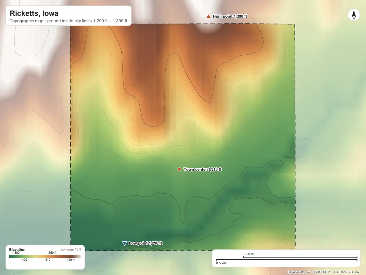 Topographic elevation map of Ricketts, Iowa, shaded from 1,290 ft on the southwest side to 1,390 ft on the north side