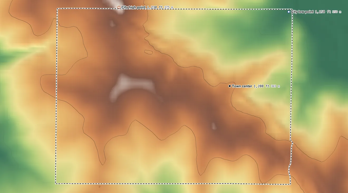 Topographic elevation map of Ridgeway, Iowa, shaded from 1,150 ft on the northeast side to 1,230 ft on the northwest side