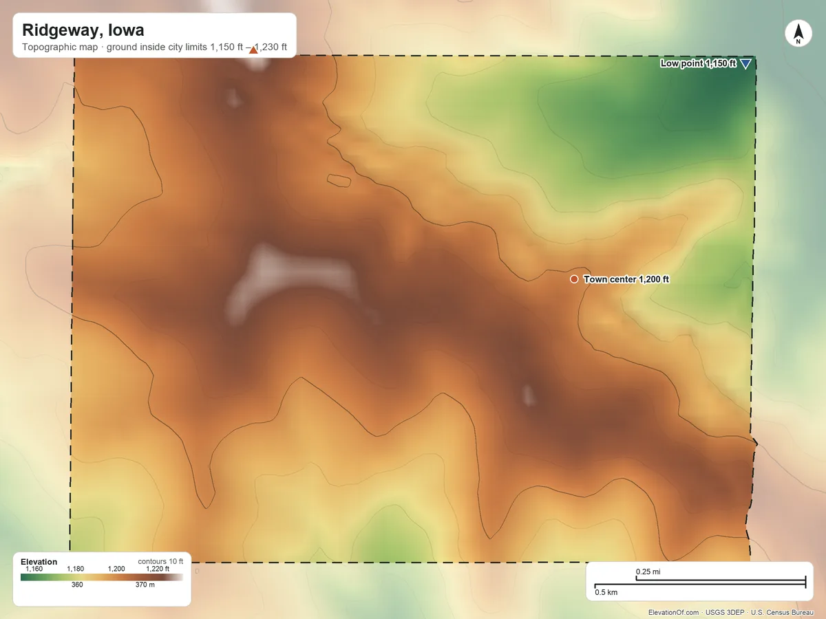 Topographic elevation map of Ridgeway, Iowa, shaded from 1,150 ft on the northeast side to 1,230 ft on the northwest side