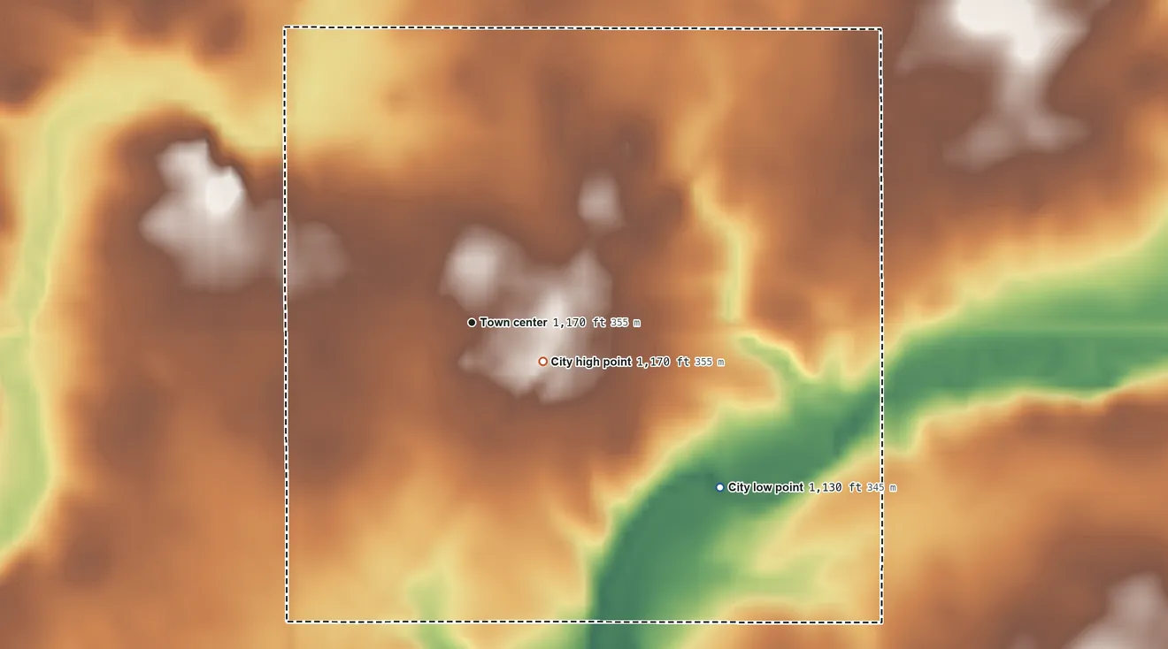 Topographic elevation map of Rinard, Iowa, shaded from 1,130 ft on the southeast side to 1,170 ft near the middle