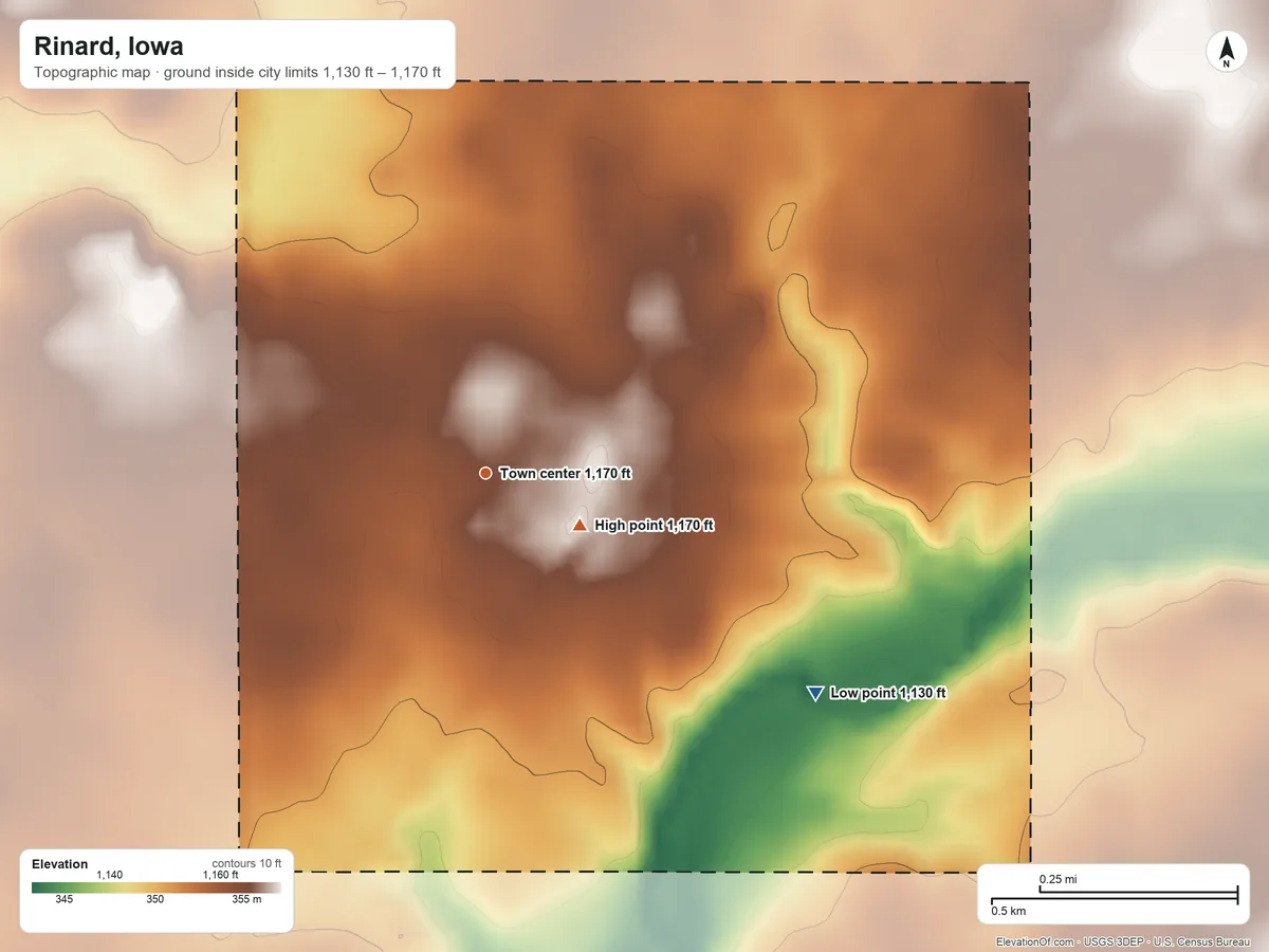 Topographic elevation map of Rinard, Iowa, shaded from 1,130 ft on the southeast side to 1,170 ft near the middle