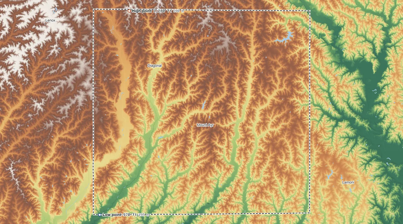 Topographic elevation map of Ringgold County, Iowa, shaded from 970 ft on the southwest side to 1,280 ft on the northwest side
